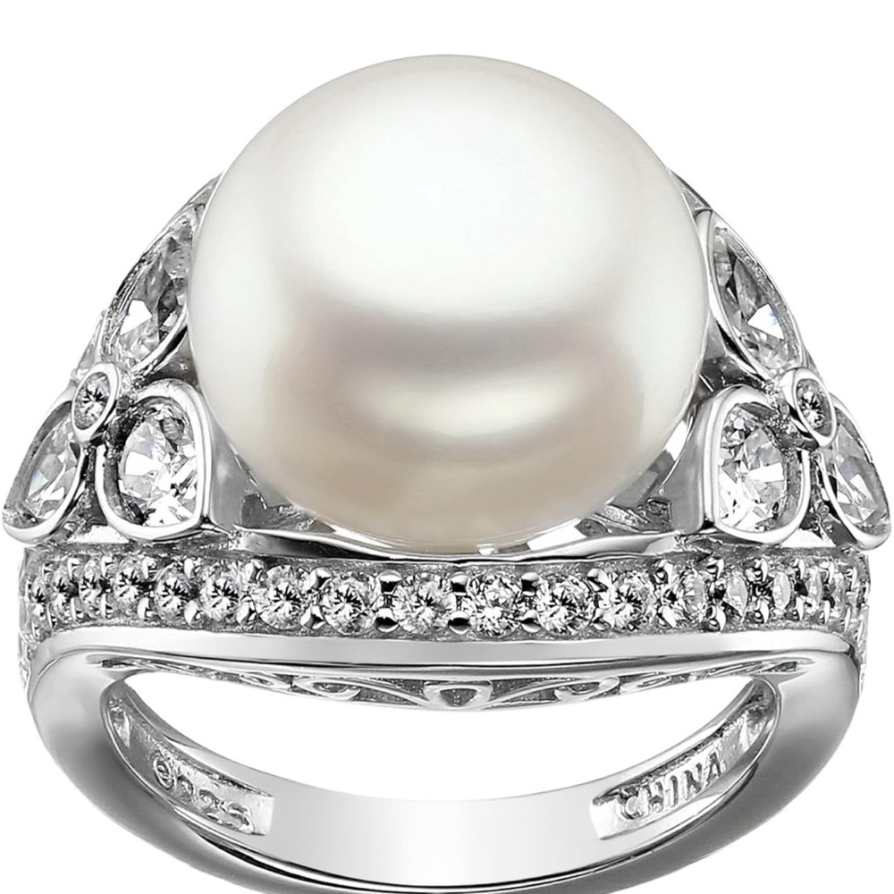 Platinum-Plated Sterling Silver Vintage Freshwater Cultured Pearl Cocktail Ring